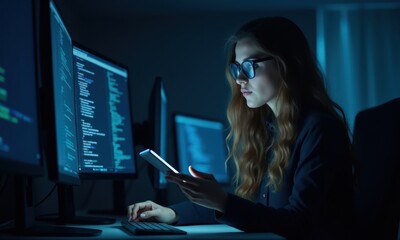 Female software engineer deep in thought while coding.
