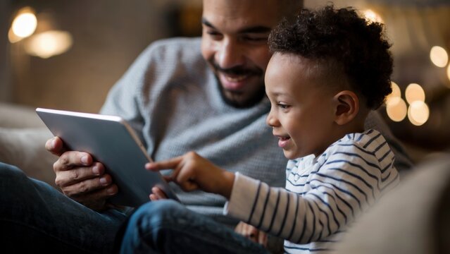 Father and son sitting on the sofa, the man teaches how to use the tablet. Happy family and new technologies, teaching children.