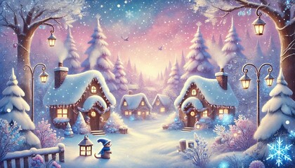 Fototapeta premium A Snowy Winter Village with Cozy Cottages, Frosted Trees, and Glowing Lanterns Under a Dreamy Pastel Sky in a Whimsical Fantasy World