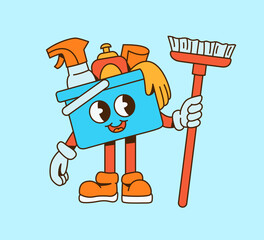 Groovy Cartoon Cleaning Supplies Character Holding Broom