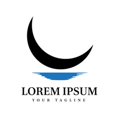 Minimalist Black Crescent Moon with Blue Water Reflection Perfect for Wellness, Travel, Nightlife, and Relaxation Brand Identity