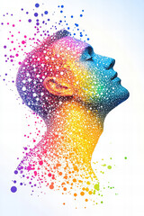 Obraz premium Futuristic Abstract Portrait with Neural Network Pattern and Vibrant Colorful Dots Representing Technology, Data, and Digital Connections
