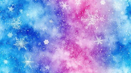 Fototapeta premium Colorful seamless pattern featuring turquoise watercolor splashes alongside geometric psychedelic dye motifs and sky blue snowflake designs ideal for fabric and wallpaper decor