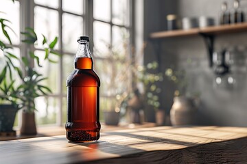 A glass bottle filled with a dark amber liquid sits on a rustic wooden table in a bright kitchen. Sunlight streams through the windows, enhancing the cozy atmosphere created by surrounding plants