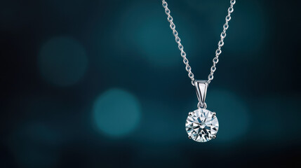 A sparkling diamond pendant necklace hangs elegantly on a delicate chain, creating a stunning visual against a soft blue backdrop.