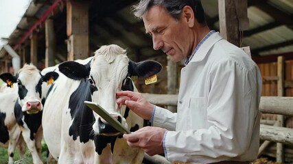 A dedicated farmer interacts with technology as he checks on the health of his cows in the barn. The peaceful setting shows a blend of tradition and modern farming methods. - Powered by Adobe