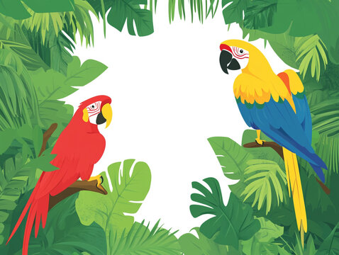 A colorful parrot is perched on a leafy green tree. A large empty space in the center is for text. 
