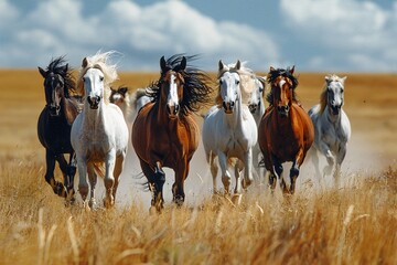 A group of seven horses runs energetically across an expansive field of tall grass, their manes flowing in the wind under a partly cloudy sky, showcasing freedom and strength