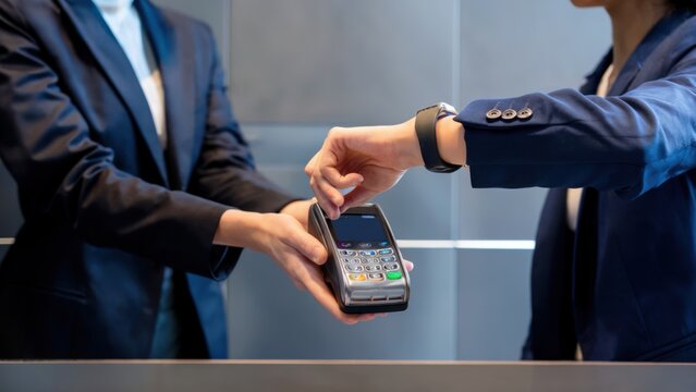 payment by smart watch via terminal. banking and financial transactions with modern technologies. contactless payment