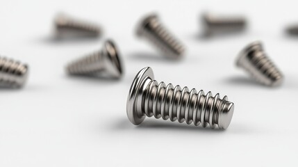 Fototapeta premium Close up of a single silver screw laying on a white background with other screws in the background