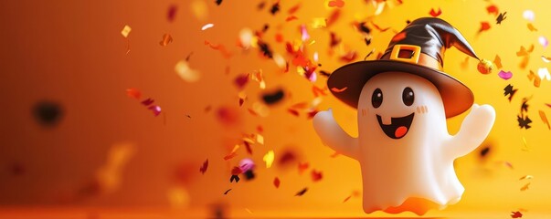 A cheerful ghost figurine wearing a witch's hat, surrounded by colorful confetti, against a warm orange background, perfect for Halloween celebrations.