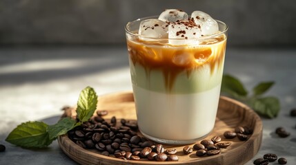 Refreshing iced coffee latte with creamy layers and ice cubes