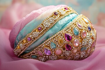 Turban adorned with precious stones and a gold band, on a pastel background, high quality, detailed texture