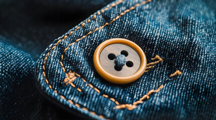 Close up of button on denim fabric with detailed stitching