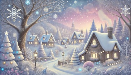 A Magical Winter Village with Cozy Cottages, Frosted Trees, and Mystical Creatures Under a Dreamy Pastel Sky with Gentle Snowfall, Creating a Whimsical Fantasy World