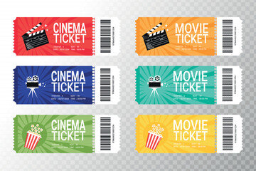 Modern movie or cinema tickets design set. Front view with barcode. Cinema ticket template. Vector illustration