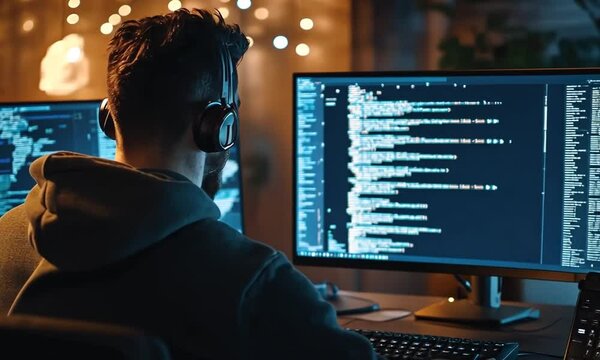 Programmer working late at night with computer monitor displaying code
