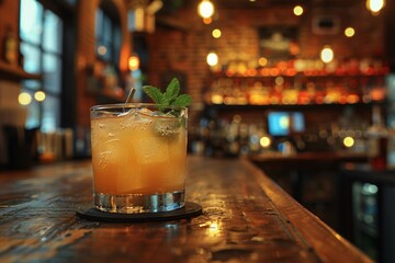 A vibrant cocktail sits on a wooden countertop, garnished with mint leaves. The warm, dimly lit atmosphere of a cozy pub enhances the inviting feel of the drink, perfect for an evening out