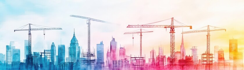 Fototapeta premium Watercolor view of a city under construction, cranes lifting beams, with hard hats dotted throughout the vibrant scene