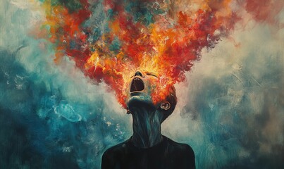 Naklejka premium Abstract painting of a person engulfed in flames.