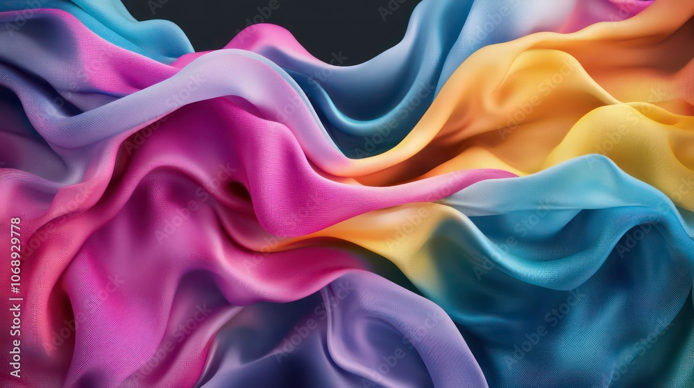 Aufkleber An abstract wave of colorful fabric-like forms on a dark background, creating a dynamic and fluid visual.