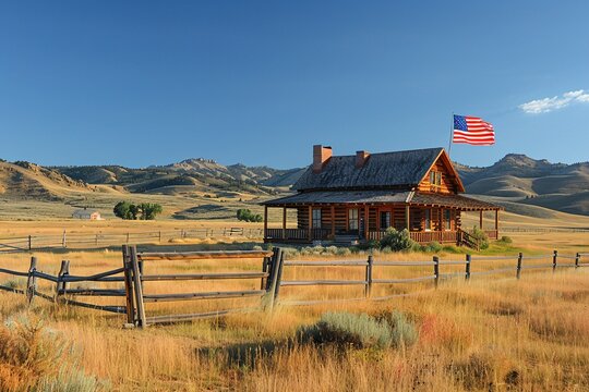 A charming log cabin stands in a sprawling field under a clear blue sky, featuring an American flag. Surrounding mountains and a quaint fence enhance the peaceful rural setting