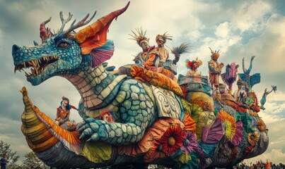 Fototapeta premium Colorful dragon float with people riding.