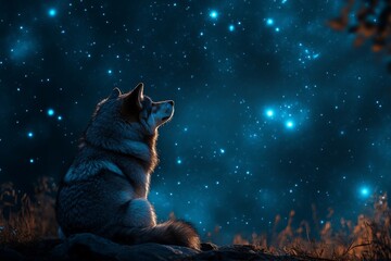 Wolf Under a Starry Sky at Night