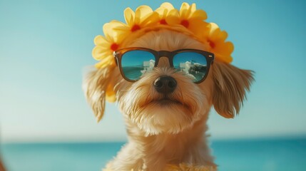A stylish dog wearing sunglasses and a flower crown against a sunny beach backdrop.