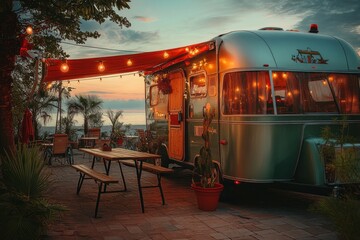 Vintage Camper Van on Beach at Sunset with Patio Furniture and String Lights