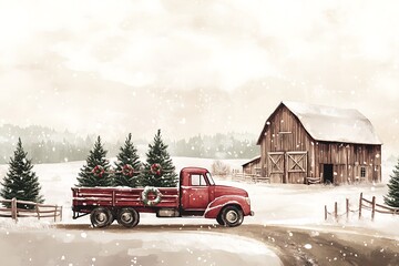 red truck with Christmas trees on winter landscape road, old barn and snow covered fields, banner for happy new year, vintage style illustration, x-mas holiday is coming, house decorations