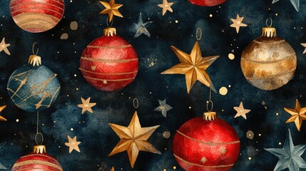 Seamless watercolor pattern featuring Christmas toys and stars on a dark background ideal for festive fabrics and holiday packaging