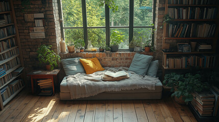 Obraz premium A cozy reading nook with plush cushions, soft blankets, and an old book on the sofa in front of large windows overlooking nature. There is wooden flooring and shelves filled with books and plants aro
