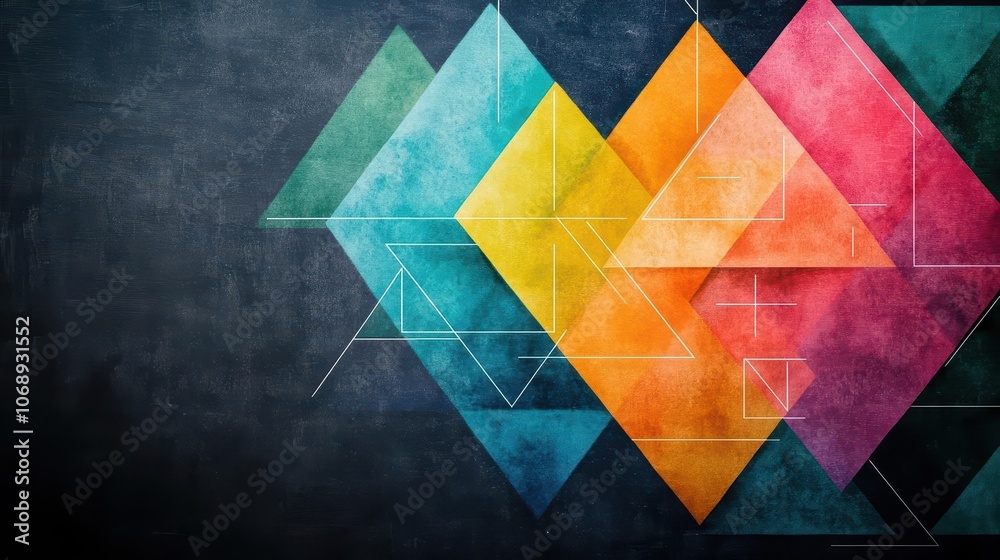 Poster kaleidoscopic watercolor triangles and squares on a chalkboard, vibrant angles and abstract math exp
