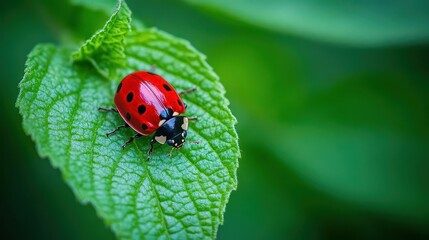 Fototapeta premium Ladybug crawling on green leaf, vivid red and black colors, sharp focus, softly blurred background, natural lighting
