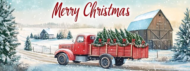 red truck with Christmas trees on winter landscape road, old barn and snow covered fields, banner with lettering "Merry Christmas", vintage style illustration, x-mas holiday is coming