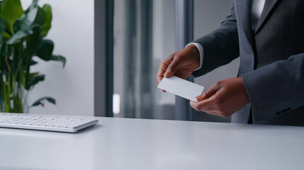 person holding blank card in modern office setting, showcasing professionalism and focus. clean workspace enhances atmosphere of productivity