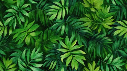 Seamless watercolor pattern featuring vibrant tropical green plants and palm leaves ideal for fabric design and home decor