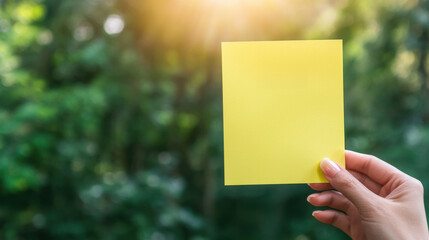 hand holding yellow sticky note against blurred green background, symbolizing creativity and ideas. warm sunlight adds positive vibe