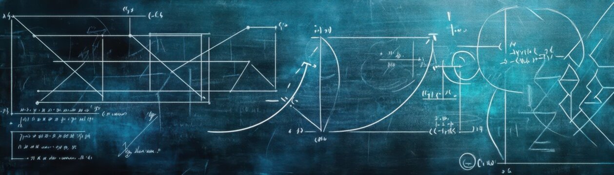 Curved lines and angles in watercolor over a chalkboard, with intricate equations and geometrical arcs