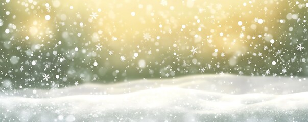 snowdrift winter background with snow scene, falling snowflakes and soft yellow glow from behind, sunny frost day, landscape design banner, holiday wallpaper with copy space, blurred bokeh effect