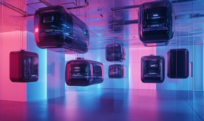 Neon-lit room with suspended glass boxes.