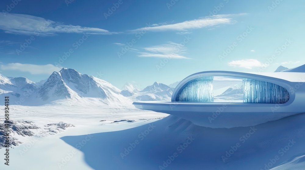 Poster a futuristic structure amidst a snowy landscape, showcasing modern architecture and design.