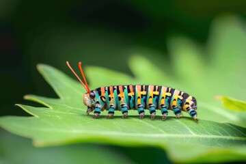 Caterpillar macro shot, vibrant stripes, natural foliage, focused leaf background