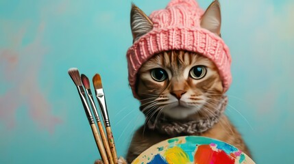 An artist cat holding paintbrushes and colorful palette on a light blue background wearing a knitted hat