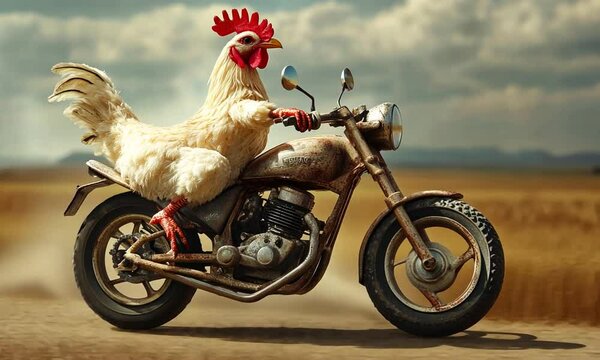 A White Rooster Riding a Vintage Motorcycle on a Dirt Road