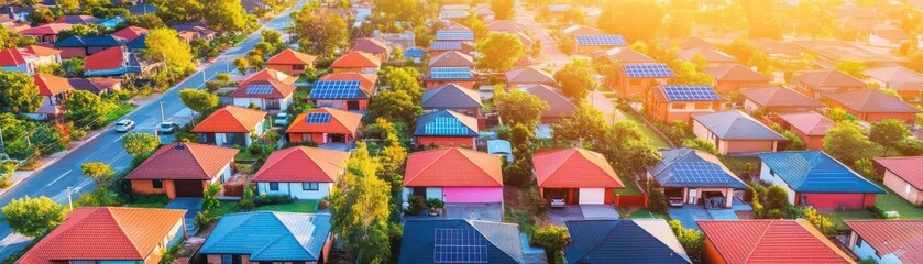 Obraz premium A tranquil neighborhood of ecofriendly homes with solar roofs and electric cars, bird s eye view, soft morning light capturing sustainable living at scale