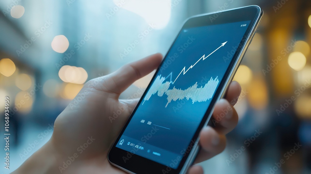 Poster a hand holding a smartphone displaying a financial graph with an upward trend.