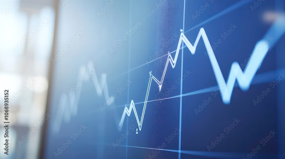 Poster An ascending financial chart is drawn on a touch screen. The file contains two colors, white and blue. An arrow indicates that profits are increasing on a financial chart. The file shows the