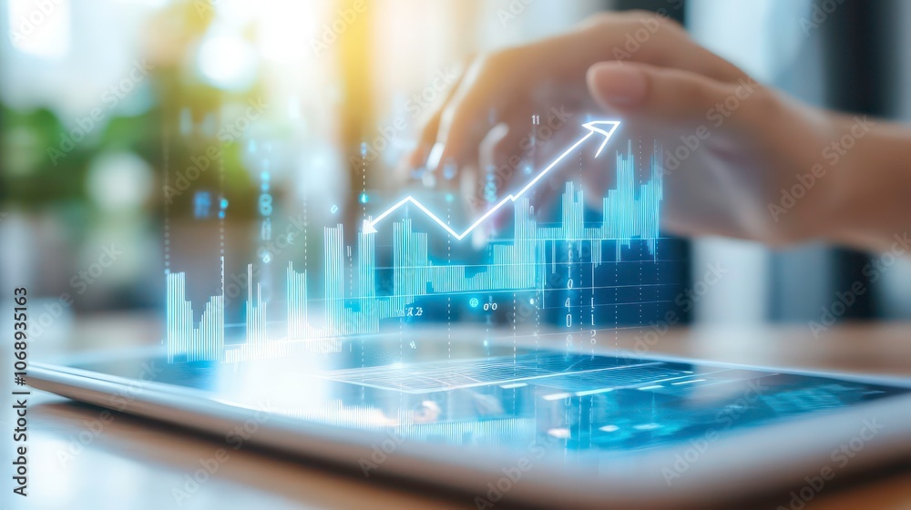 Poster a hand interacts with a digital tablet displaying upward trending financial graphs.